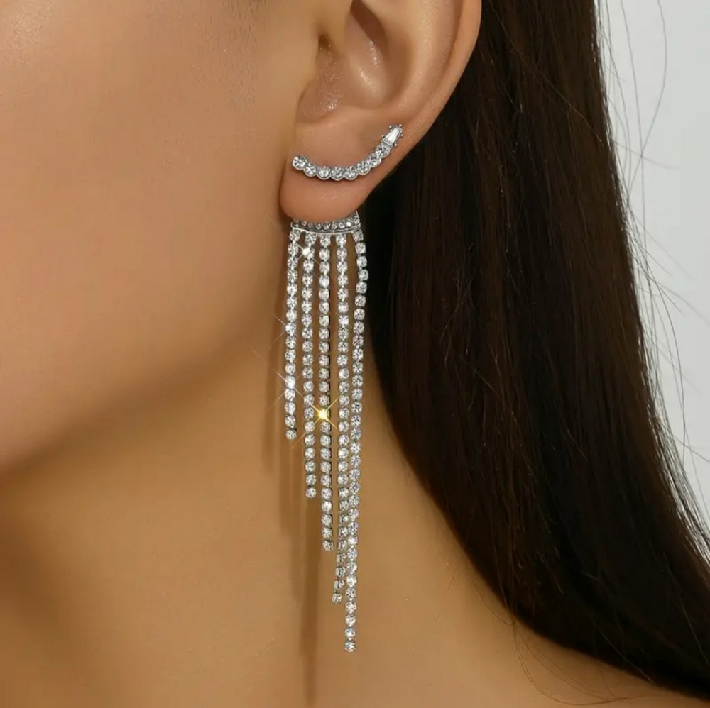NEW Silver Luxury Rhinestones Tassel Earrings
